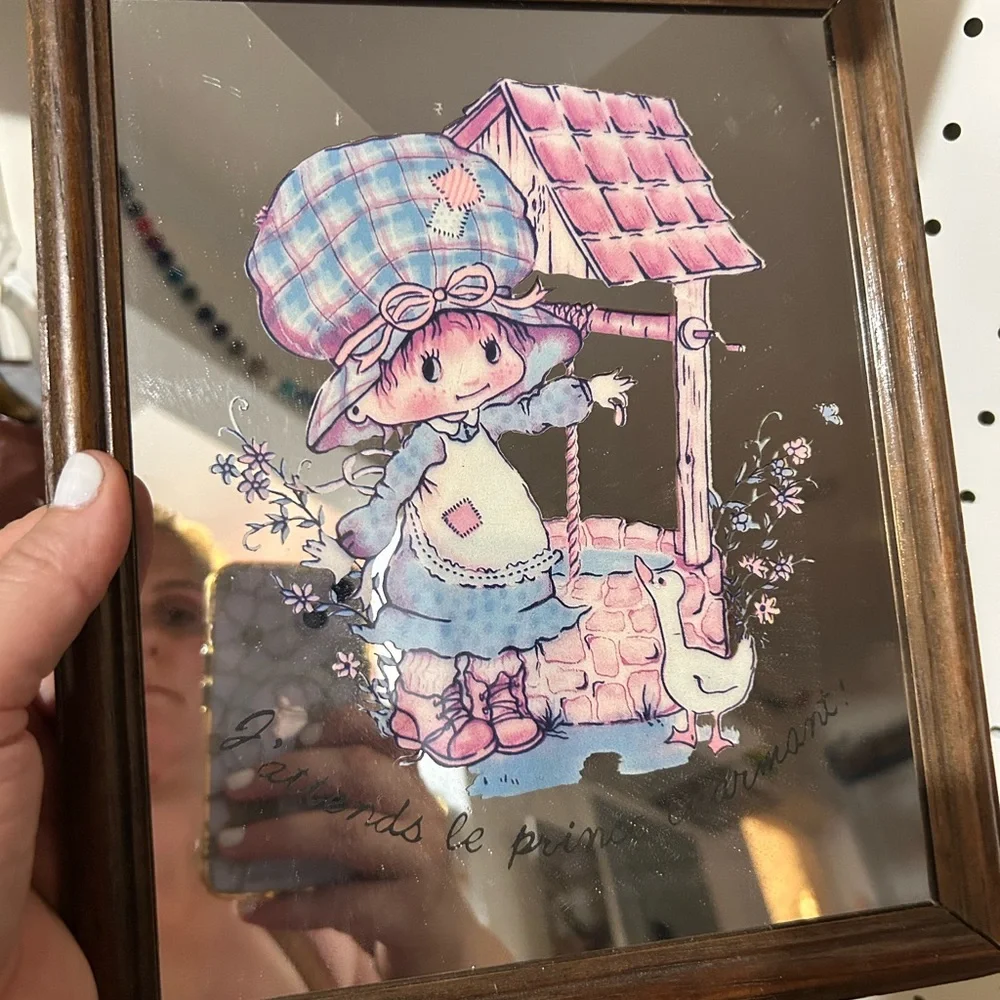 Vintage Style Brown Framed Mirror with Illustrated Design